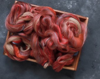 Sample Silk merino wool roving / hand combed top / for spinning and felting / autumn sunset