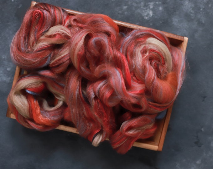 Sample Silk merino wool roving / hand combed top / for spinning and felting / autumn sunset