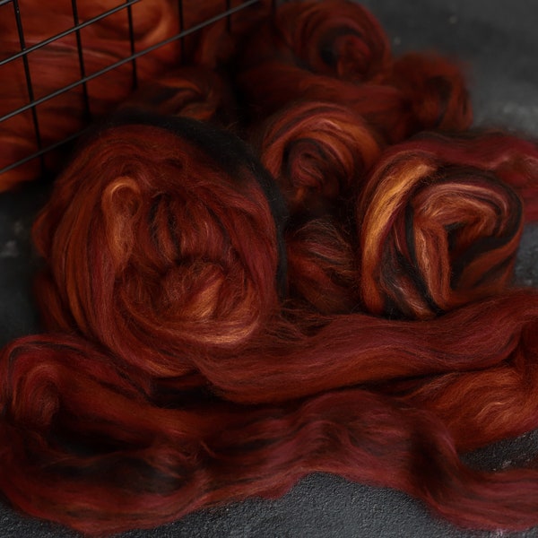 Sample Silk merino wool roving / hand combed top / for spinning and felting / burning coals