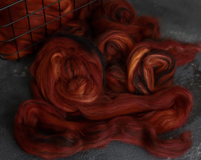 Sample Silk merino wool roving / hand combed top / for spinning and felting / burning coals