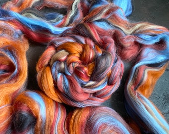 Silk  merino wool roving / hand combed top / for spinning and felting / autumn sunset