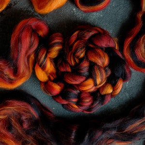 Silk merino wool roving / hand combed top / for spinning and felting / burning coals