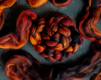 Silk merino wool roving / hand combed top / for spinning and felting / burning coals