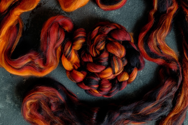 Silk merino wool roving / hand combed top / for spinning and felting / burning coals image 1