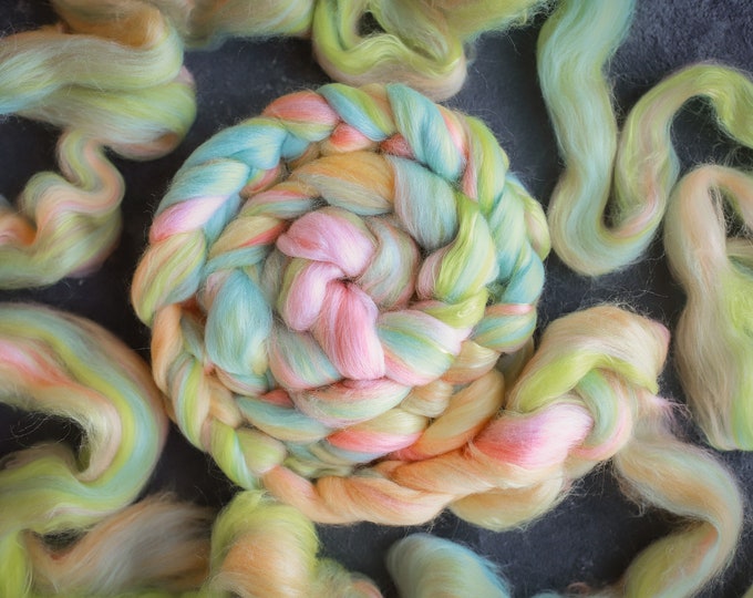 Rainbow merino wool & silk roving / hand combed top / for spinning and felting