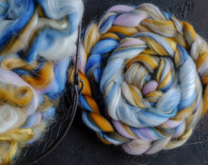 Silk merino wool roving / hand combed top / for spinning and felting