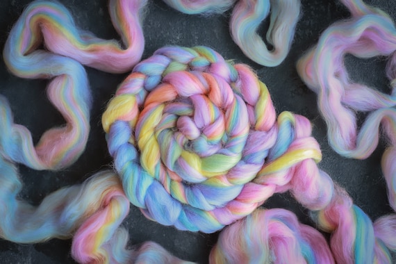 Rainbow merino wool & silk roving / hand combed top / for spinning and felting