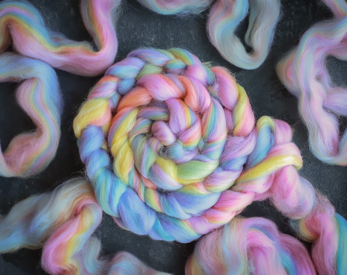 Rainbow merino wool & silk roving / hand combed top / for spinning and felting