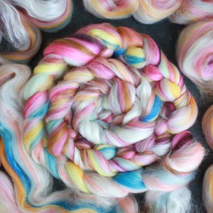 Rainbow merino wool & silk roving / hand combed top / for spinning and felting