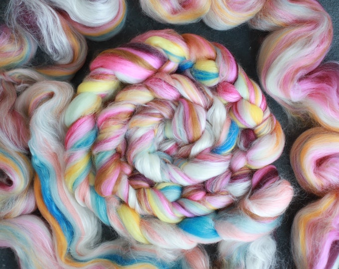 Rainbow merino wool & silk roving / hand combed top / for spinning and felting