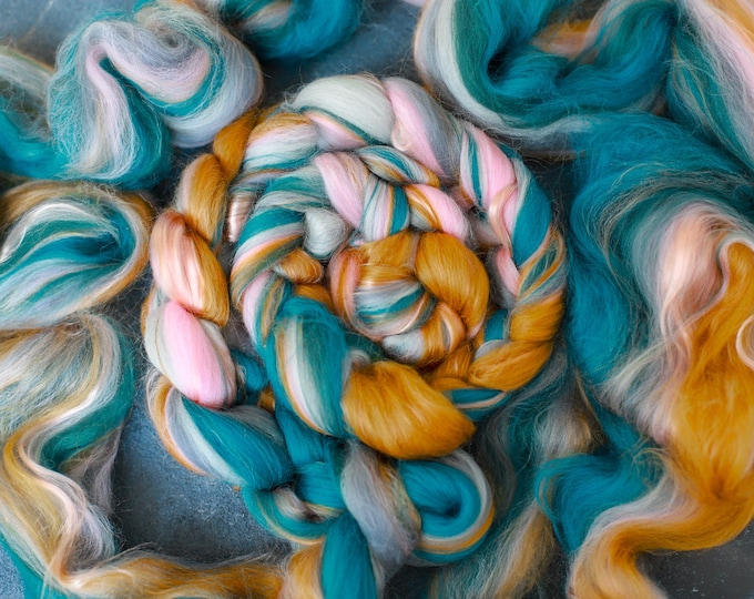 Roving Merino Tencel Wool Top Blends for spinning and felting / Merino combed yarn for spinning and felting, petrol mustard pink