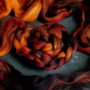 Silk merino wool roving / hand combed top / for spinning and felting / burning coals image 2