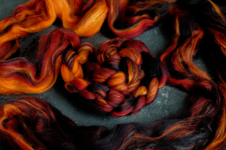 Silk merino wool roving / hand combed top / for spinning and felting / burning coals image 2