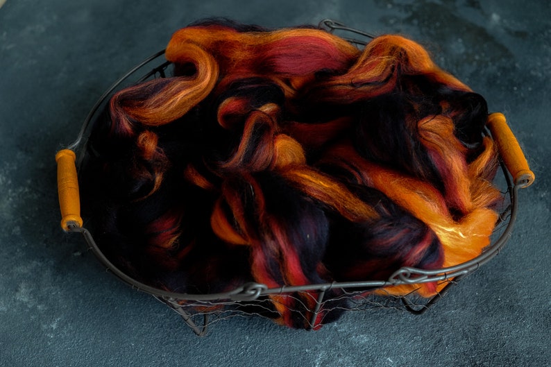 Silk merino wool roving / hand combed top / for spinning and felting / burning coals image 3