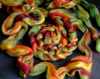 Silk  merino wool roving / hand combed top / for spinning and felting / autumn