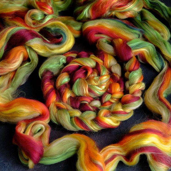 Silk  merino wool roving / hand combed top / for spinning and felting / autumn