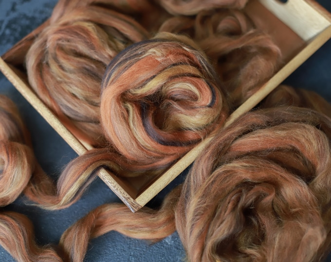 Sample Silk merino wool roving / hand combed top / for spinning and felting / desert varnish / desert varnish