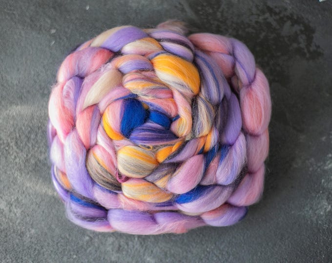 Silk merino wool roving / hand combed top / for spinning and felting rose blue / Sunset