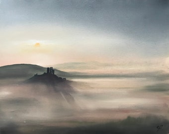 Corfe Castle with Morning Mist. Signed Ltd Edition Fine Art Print by Rob Parkinson.