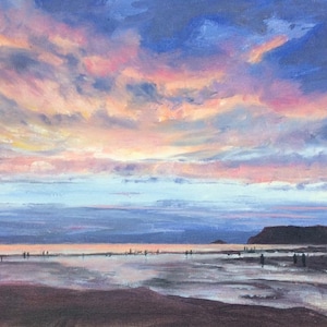 May include: A painting depicting a beach scene with a pink and blue sunset sky. The beach is empty except for a few small figures in the distance.