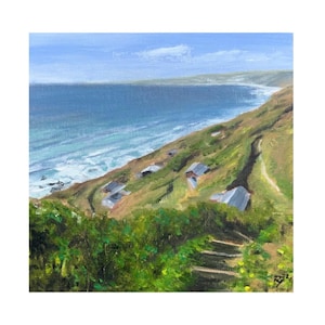 May include: A painting of a coastal scene with a winding path leading down to a cluster of small buildings. The buildings are nestled into a grassy hillside overlooking a blue ocean with white waves crashing on the shore.