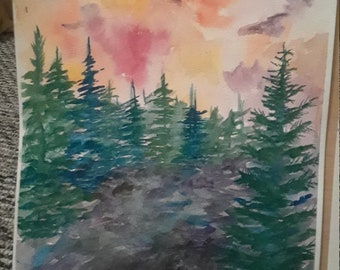 ORIGINAL Watercolor Landscape with Pine Trees