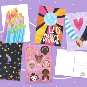 Conjunto de 5 postales coloridas, divertidas y de amistad / Paquete de postales de arte A6 / Mini arte de pared ilustrado / Pequeños regalos