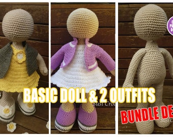 Crochet doll base and 2 clothing set BUNDLE - PDF pattern download