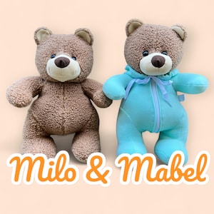 Pode incluir: Dois ursos de peluche, um marrom e outro azul claro. O urso marrom está em pé e o urso azul está vestindo um macacão azul claro com zíper. O texto "Milo & Mabel" está escrito abaixo dos ursos.