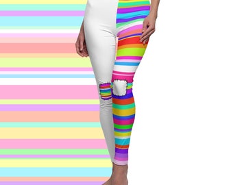 Kawaii Two Toned Rainbow and White Decora Kei Leggings, Bright Party Kei Clothing