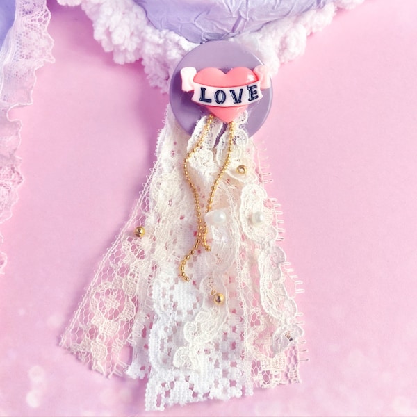 Love Heart Cult Party Kei Lace and Button Brooch