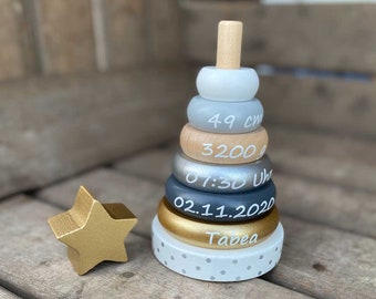 Wooden stacking tower Ring stacking tower Motor skills toy natural silver gold BIRTH / BABY Gift "customizable plottered"