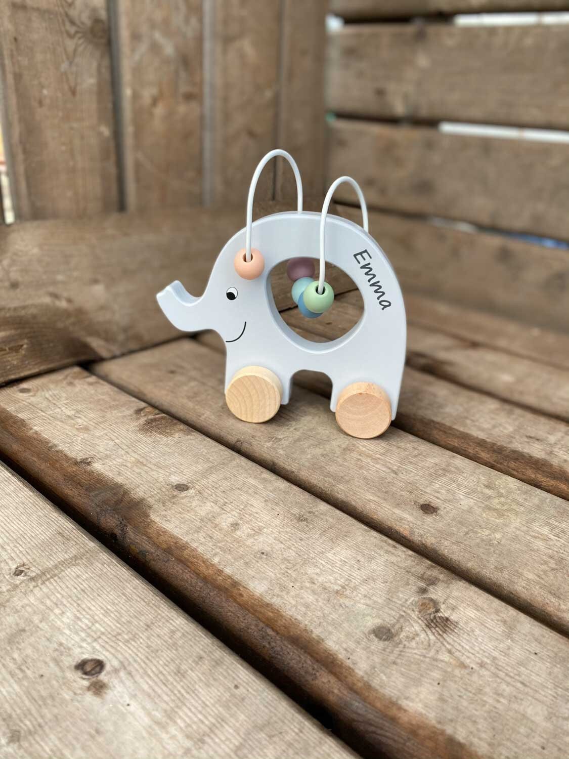 Wooden push animal elephant motor skills loop gray natural colored BI…