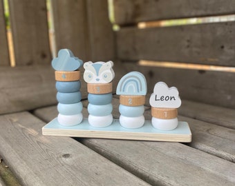 Wooden stacking game Motor skills toy Wooden rings blue natural BIRTH / BABY Gift "customizable plottered"