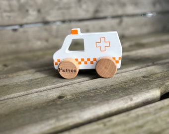 Wooden car ambulance colorful nature BIRTH / BABY gift "personalizable lasered"