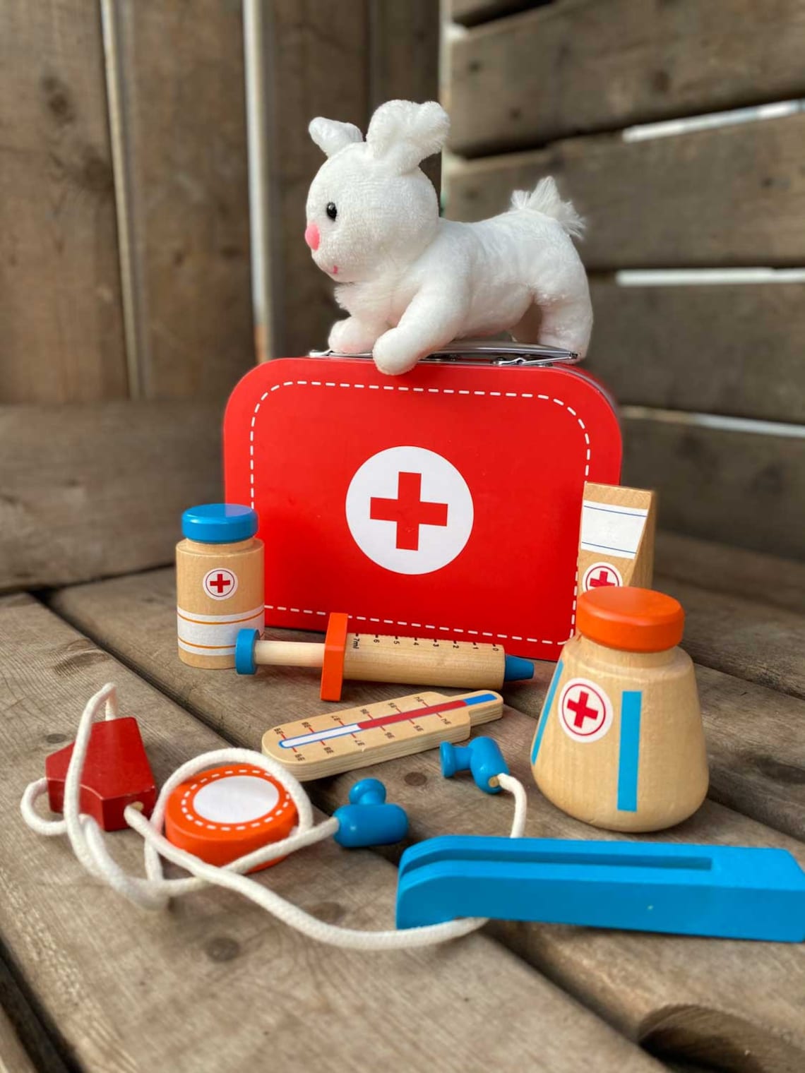 Veterinarian case play set wooden toy toddler red white Etsy