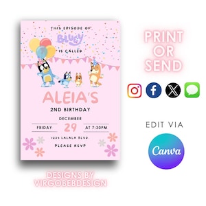 Invito di compleanno rosa, invito di compleanno, festa di compleanno per bambini, invito di compleanno per ragazze, modello modificabile, invito, blu