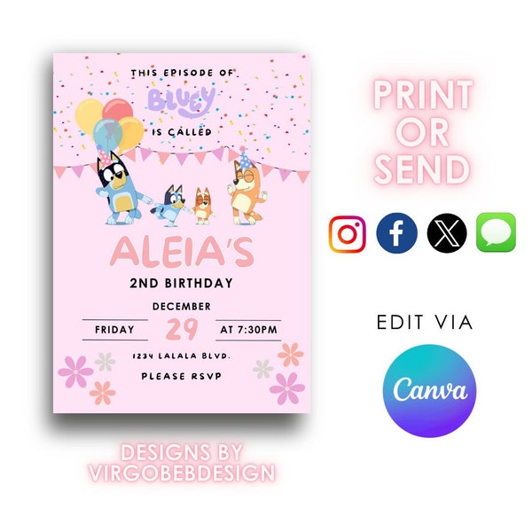 Pink Birthday Invitation, Birthday Invitation, Childrens Birthday Party, Girls birthday invitation, Editable template, Invite, Blue