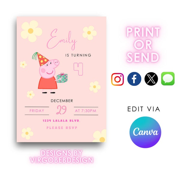 Pig Girl Digital Birthday Invitation Editable & Printable