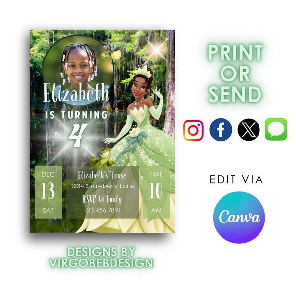 Green Princess Tiana Girl Digital Birthday Invitation Editable & Printable with Custom Photo