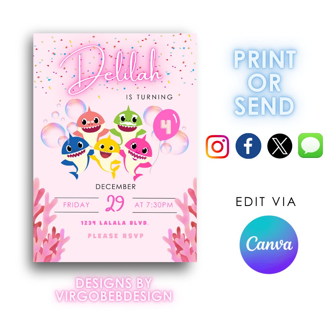 Baby Shark Birthday Invitations Pink Baby Shark Under the Sea Any Age Digital DownloadBirthday Invite Digital File