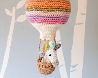 Crochet pattern amigurumi unicorn in a hot air balloon, baby shower decoration, pdf file instant download