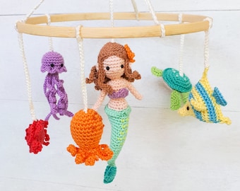 Under the sea baby mobile crochet pattern, Mermaid and sea creatures nursery mobile crochet pattern, diy baby mobile