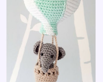 Elephant in hot air balloon crochet pattern, amigurumi nursery decoration pattern, crochet hot air balloon tutorial