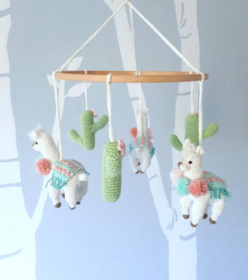 Llama baby mobile crochet pattern, llama nursery mobile pattern, diy crib mobile, baby mobile digital download, boho nursery decor image 1