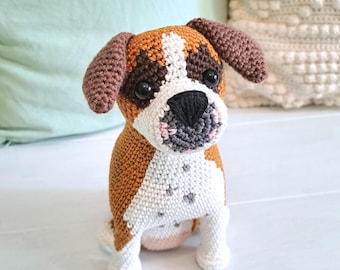 Patrón de ganchillo de perro bóxer en PDF / Tutorial de amigurumi de perro de peluche / Juguete de cachorro de ganchillo realista / Patrón de regalo DIY para amantes de los perros