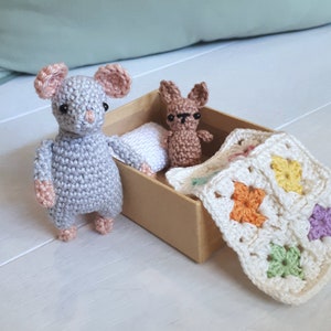 Miniature Travel Toy Crochet Pattern Mouse Amigurumi in a Tin Bed