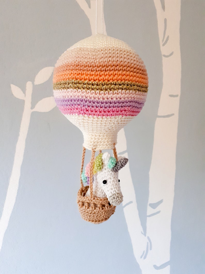 Crochet pattern amigurumi unicorn in a hot air balloon, baby shower decoration, pdf file instant download image 1