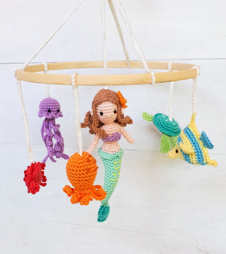 Under the sea baby mobile crochet pattern, Mermaid and sea creatures nursery mobile crochet pattern, diy baby mobile image 1