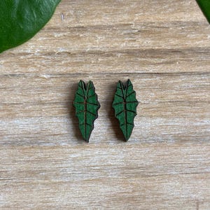 Alocasia Stud Earrings, Mini Plant Studs, Exotic Houseplant Jewelry, Wood Plant Earrings, Tropical Plant Accessories, Plant Lover Gift
